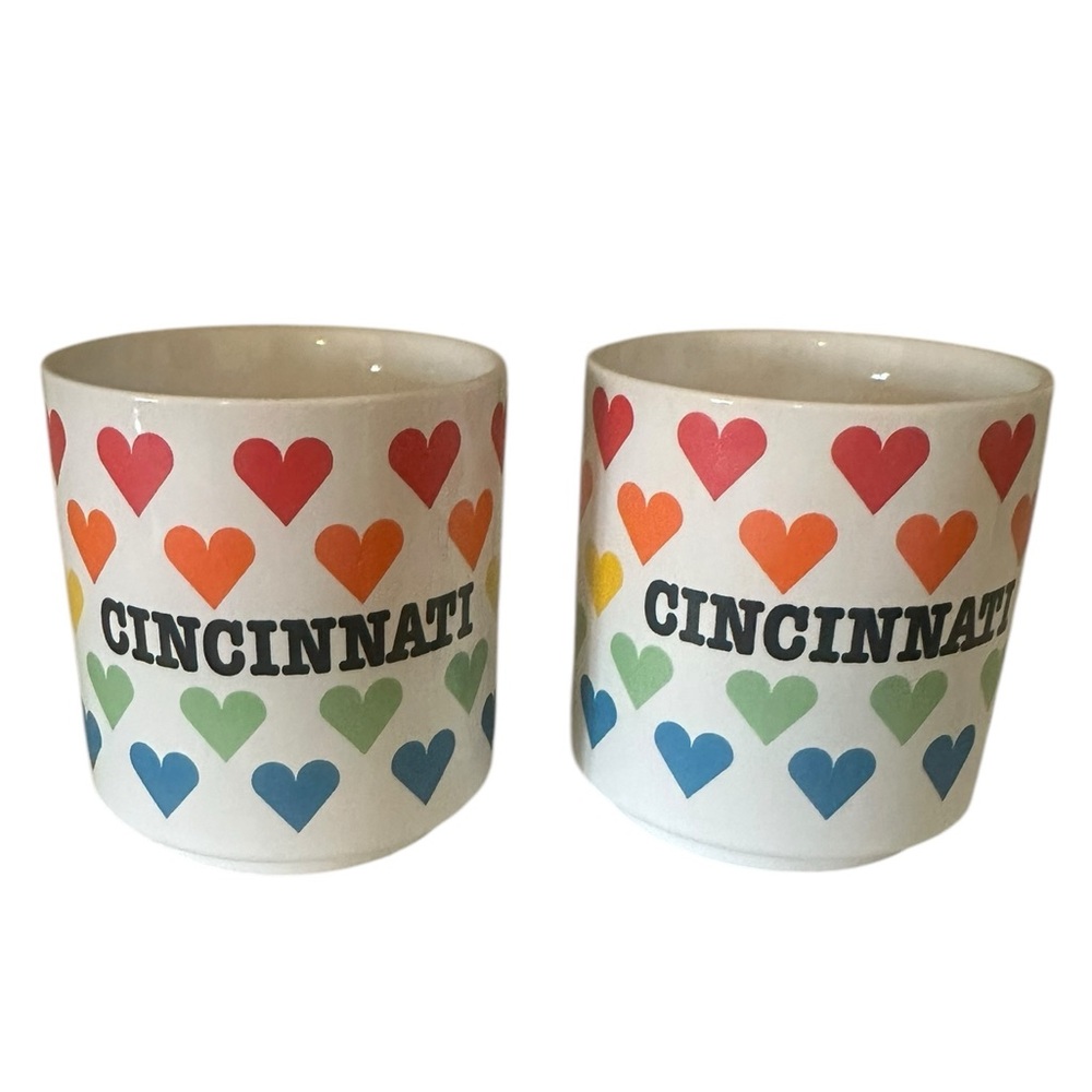 Set of 2 Vintage Rainbow Heart Cincinnati Ohio Mug 1980s